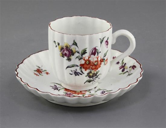 A Derby ribbed coffee cup and saucer, c.1758, d. 12cm